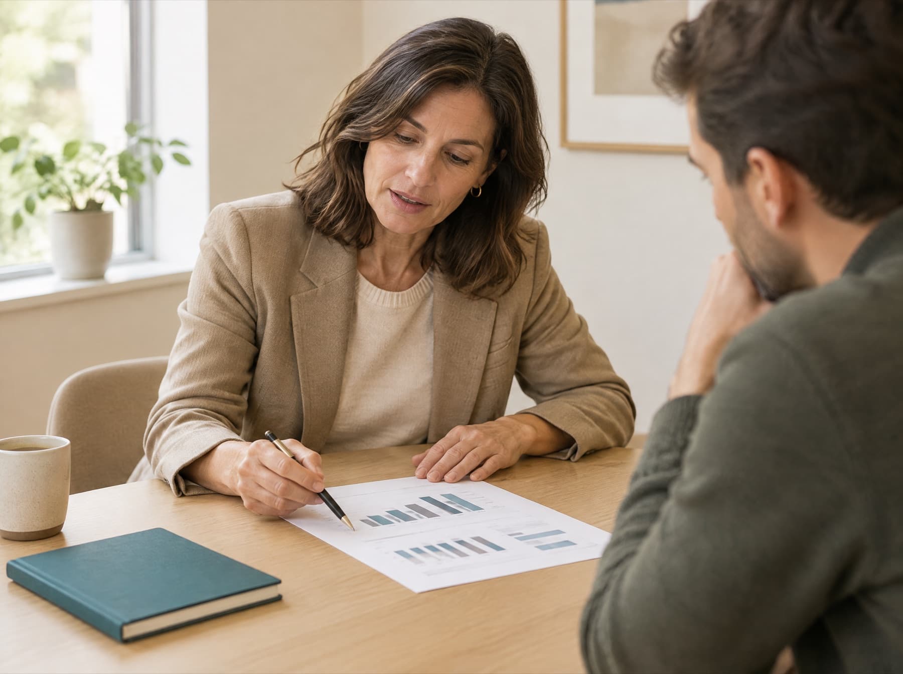 A marketing lead walking a colleague through a printed report.