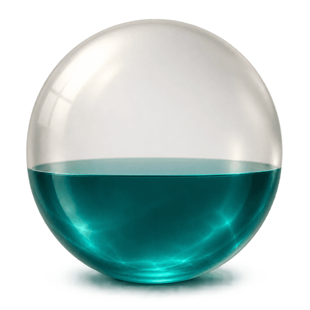 A glass sphere two-fifths full of teal liquid.