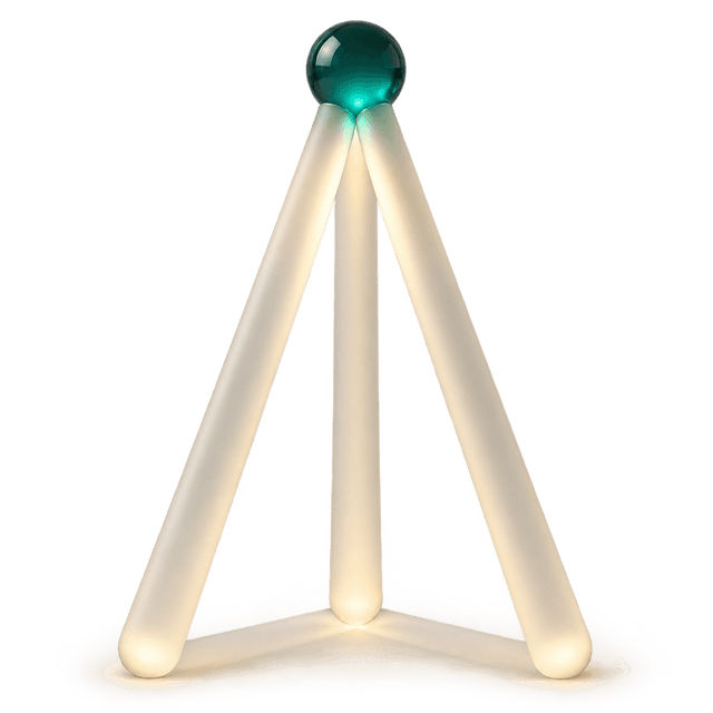 Three glass rods meeting at a single teal point.