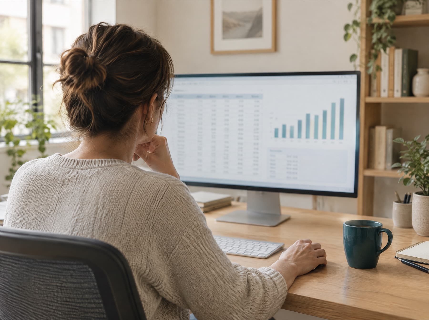 An analyst at a desk reviewing figures on a large monitor.